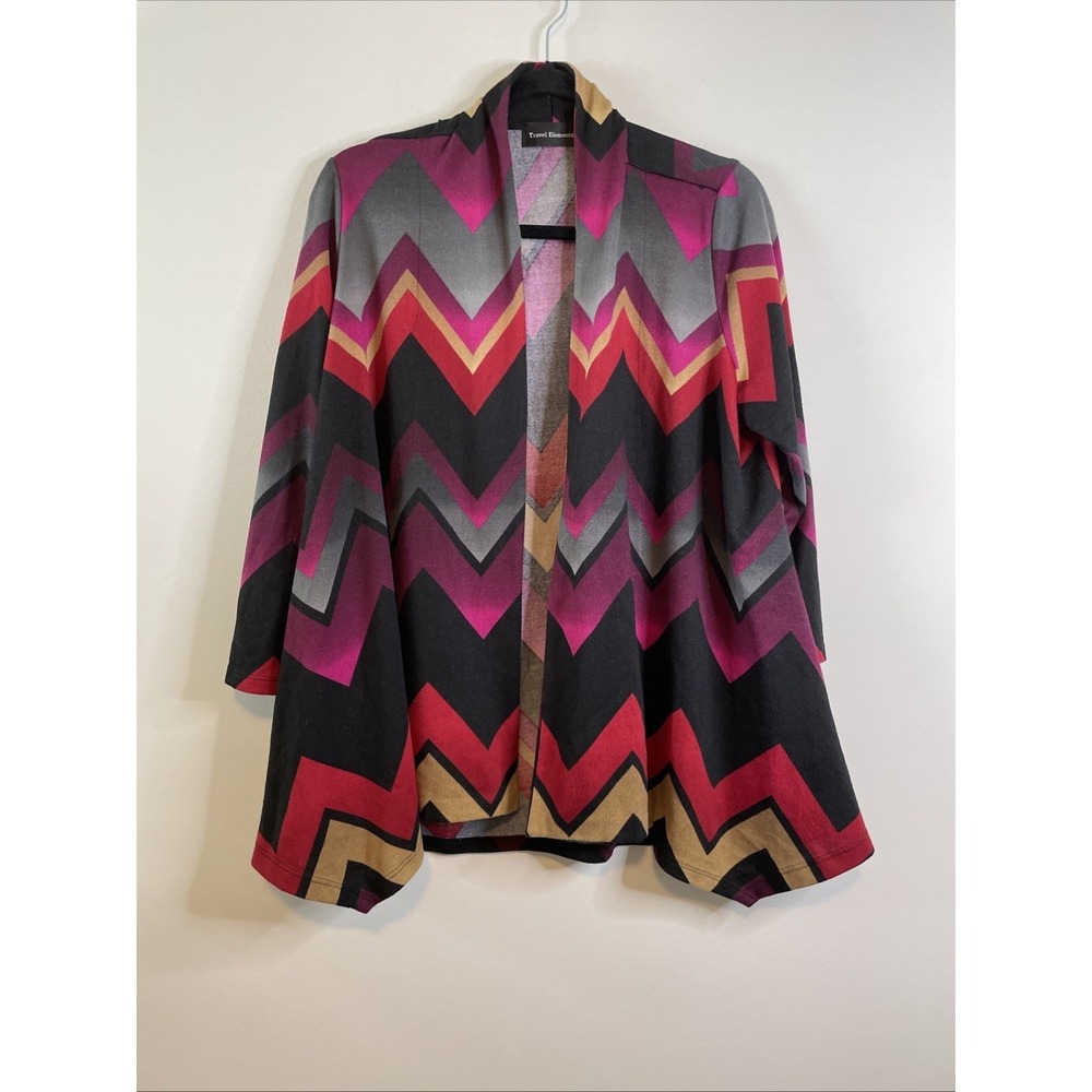 Travel Elements Large Chevron Open Front Cardigan Pink Gray Black